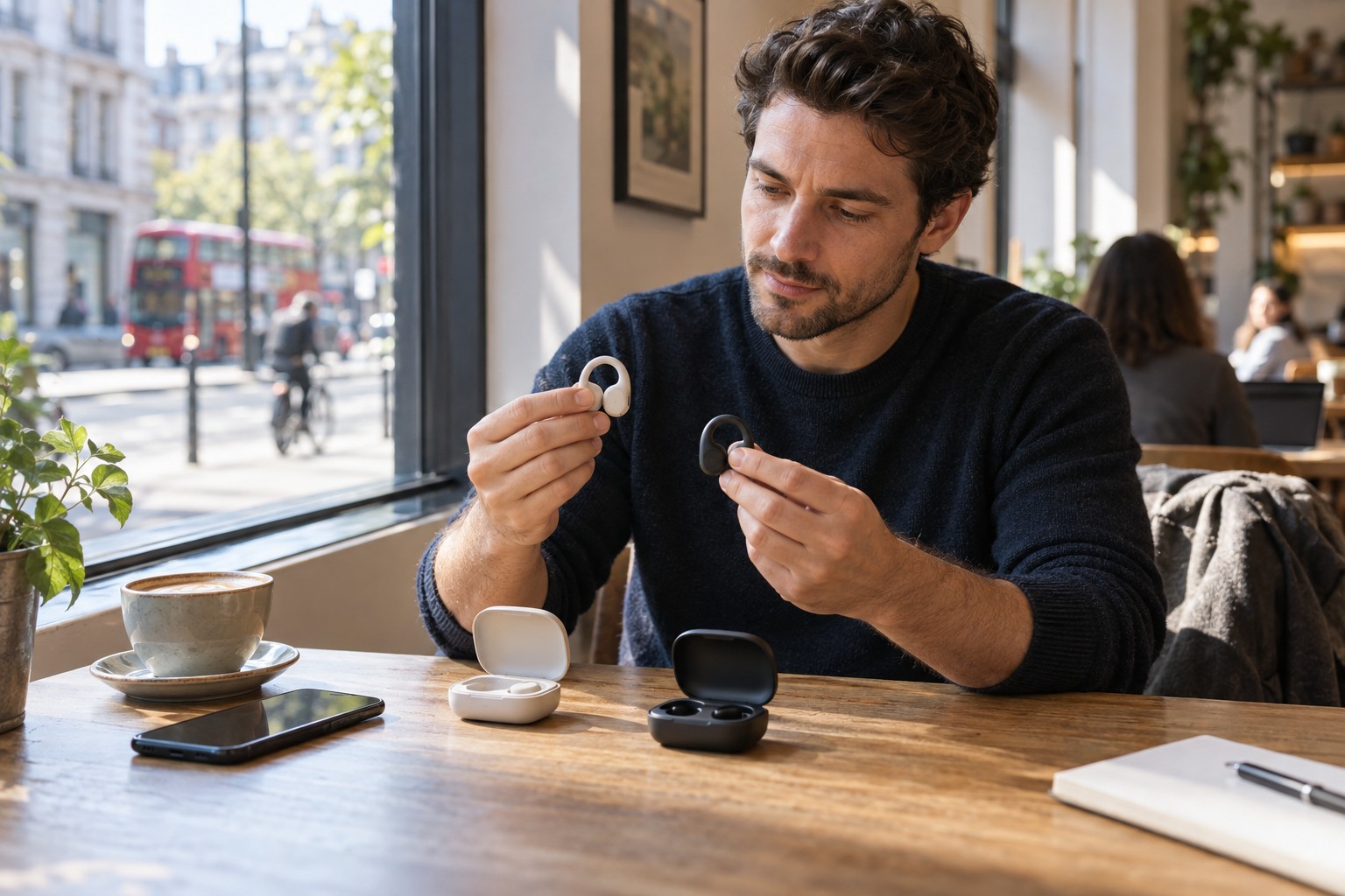 Everyday scene related to open-ear noise-cancelling earbuds