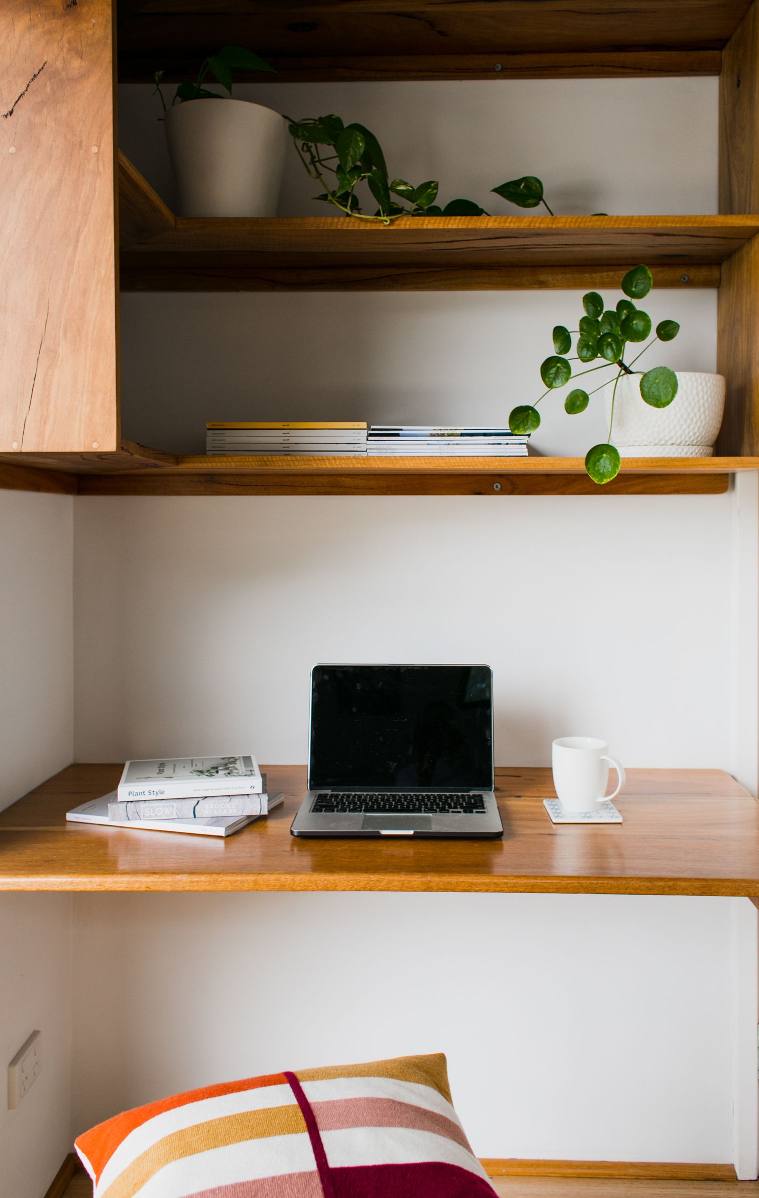 A real desk with a laptop, books, plants, and shelves